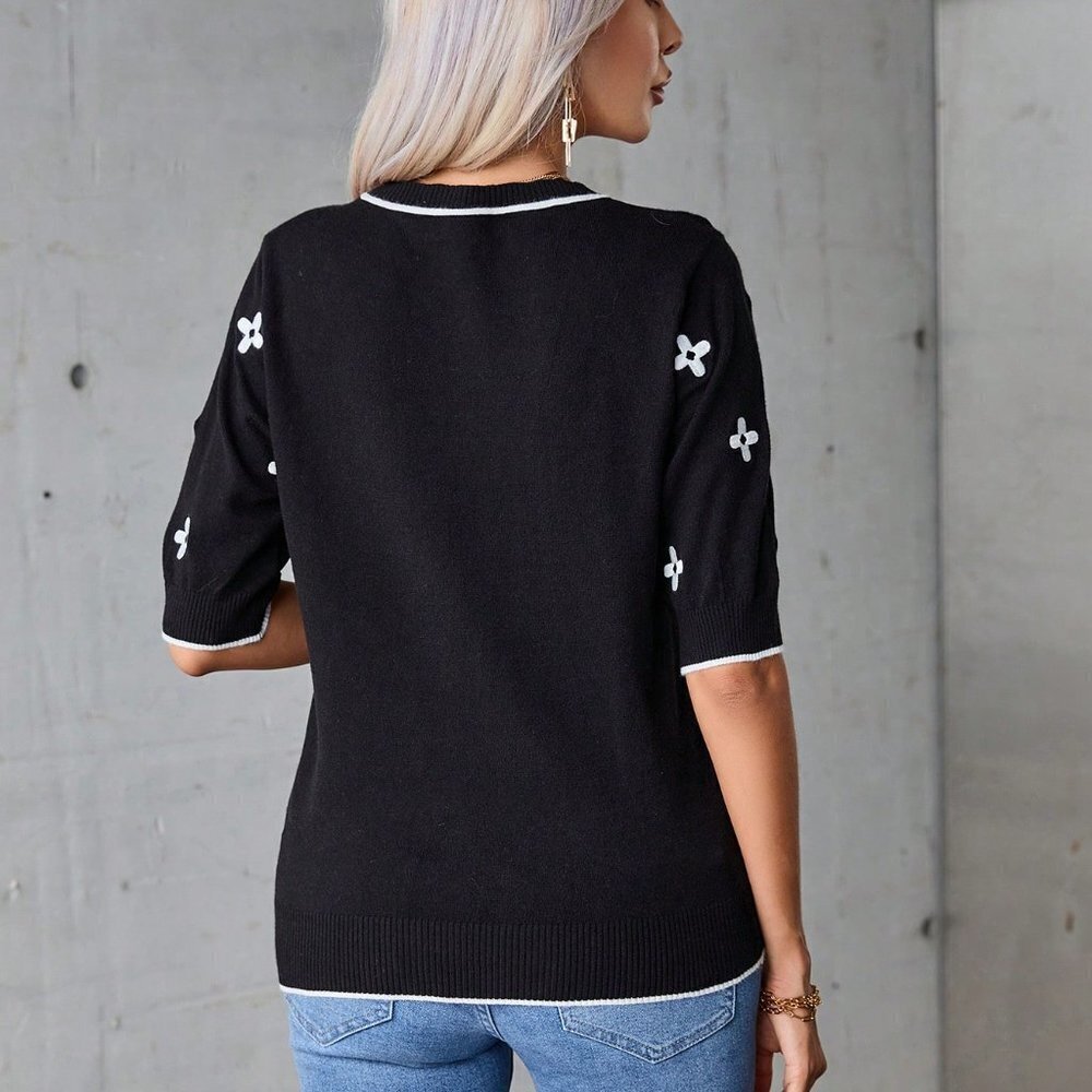Black Casual womens Floral Pattern Knit Top - Picture 2 of 5